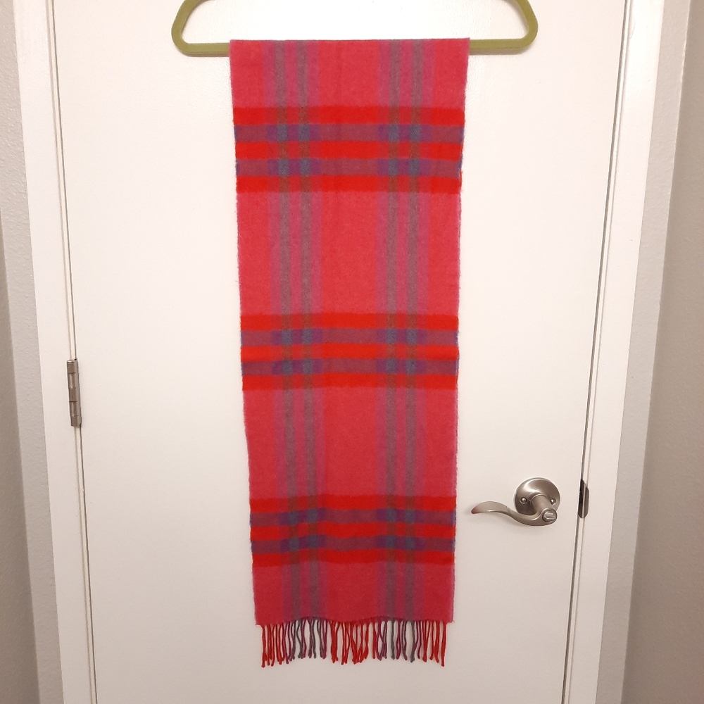 100% Merino Wool Scarf - Pink, Dark Orange, Purple & Grey Plaid - John Hanly